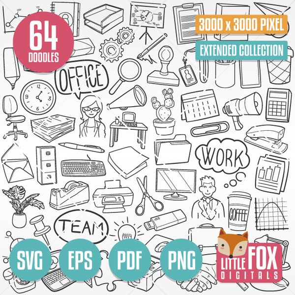 OFFICE, SVG doodle vector icons. Work Items Objects Doodle Icons Clipart. Artwork Hand Drawn Coloring Line Design Scrapbooking Illustration.