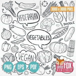 LÉGUMES, icônes vectorielles doodle. Nourriture Fruits Végétarien Doodle icônes Clipart. Oeuvre d'art dessinée à la main, clipart gribouillage, croquis à colorier.