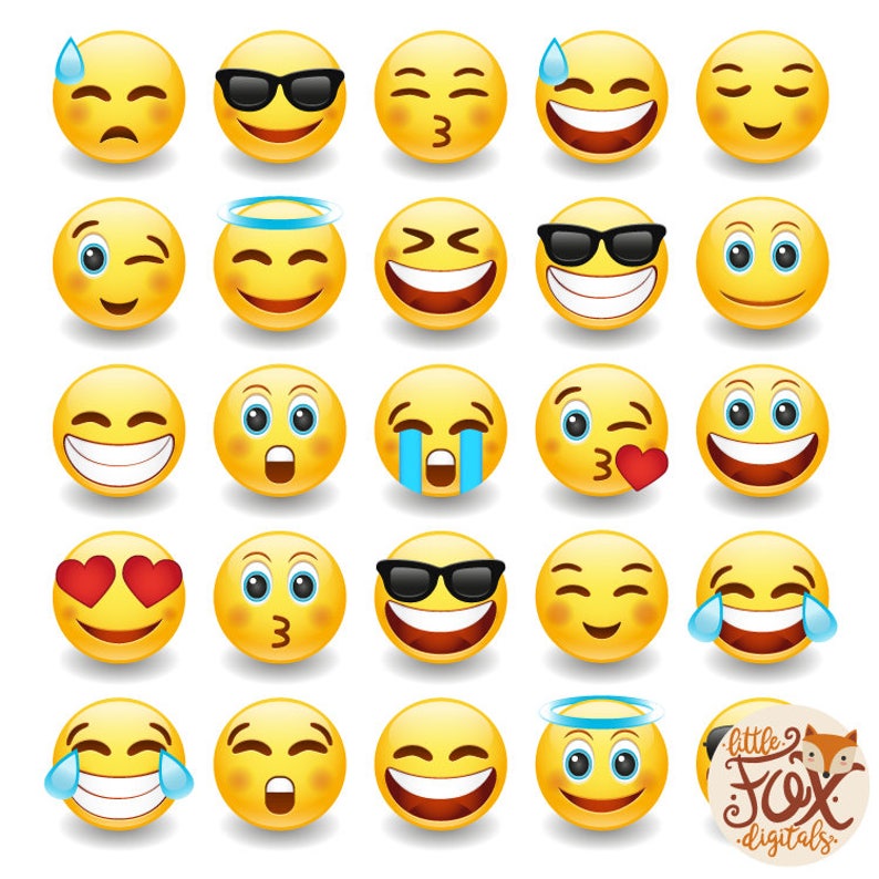K&ouml;nnte beinhalten: Ein Satz von 25 gelben Emoji-Gesichtern mit verschiedenen Ausdr&uuml;cken, darunter L&auml;cheln, Zwinkern, Weinen und Sonnenbrillen tragen. Die Emojis sind in einem Raster auf wei&szlig;em Hintergrund angeordnet. Der Text "little fox digitals" befindet sich in der unteren rechten Ecke des Bildes.