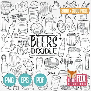 BEERS, Drinks Doodle Icons. Tavern Oktoberfest Icons Clipart Scrapbook Set. Beverages Hand Drawn Line Art Design. Artwork Clip Art Coloring.