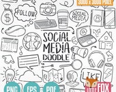 VECTOR EPS Social Media Tools Traditional Doodle Icons Clipart Scrapbook Hand Drawn Line Design Set Artwork Clip Art Coloring Sketch
