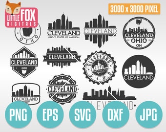 May include: A set of 10 digital design files featuring various graphic designs of the Cleveland skyline. The designs include a distressed stamp style, a banner style, and a simple skyline silhouette. The files are available in PNG, EPS, SVG, DXF, and JPG formats. The image also includes the text "3000 x 3000 PIXEL".