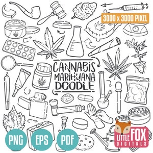 CANNABIS, Rauchblatt Marihuana Medizin. Marihuana Doodle Icons Clipart Scrapbook Set Hand gezeichnet Linie Kunst Design Set Kunstwerk 420 THC.
