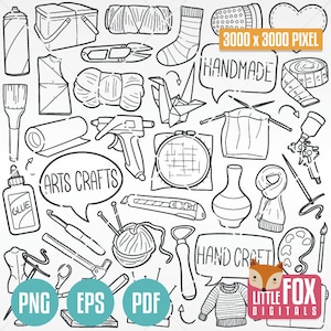 HANDMADE und KUNST HANDWERK Doodle Clipart Icons. Handcraft Made with Love Scrapbook Werkzeuge Set Hand Craft Line Art Design Set Kunstwerk Färbung.