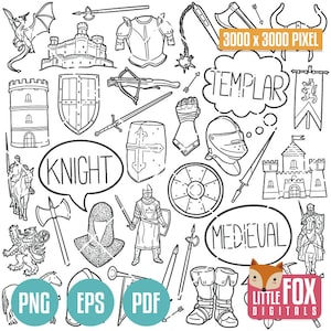 RIDDER, wapenkrijger uit de middeleeuwen. Middeleeuwse pantser en helm doodle set. Pictogrammen Clipart Plakboek. Cavalier getekende clip art kleurschets.