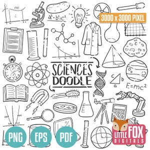 CIÊNCIA, ícones vetoriais doodle. Estudo de laboratório Química Física Doodle Ícones Clipart. Definir desenho de arte de linha desenhada à mão Clip Coloring Sketch.