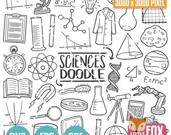 SCIENCE, doodle vector icons. Laboratory Study Chemistry Physic Doodle Icons Clipart. Set Hand Drawn Line Art Design Clip Coloring Sketch.