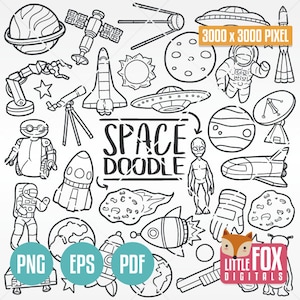 ESPACIO, iconos de garabatos. Astronauta, herramientas tecnológicas, iconos de garabatos tradicionales, clipart, álbum de recortes, diseño de arte lineal dibujado a mano.