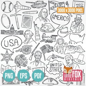 HISTORIA DE ESTADOS UNIDOS, Símbolos de los Estados Unidos de América. Presidentes estadounidenses, iconos de garabatos, conjunto de álbum de recortes, arte lineal patriota.