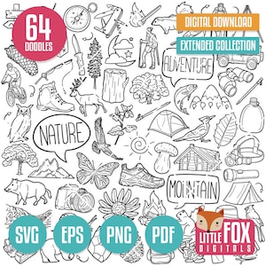 MONTAÑA SVG, iconos vectoriales de garabatos. Naturaleza Montaña Exploración Bosque Clipart Animales. Aventura Conjunto en blanco y negro Ilustraciones Boceto para colorear