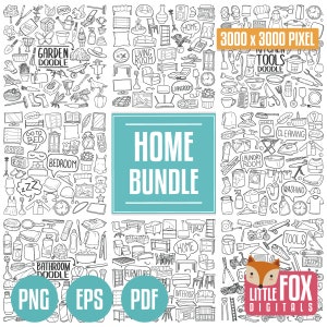 HOME-bundel. Huis Kamers Kamer Doodle Pictogrammen. Keuken illustraties Doodle. Badset kleuren Hand tekenen. Meubels zwart-wit lijn plakboek.