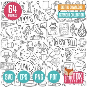 BUNDLE DE BASKET-BALL SVG, Icônes Doodle. Cerceaux Doodle Icônes Clipart. Sport Slam Dunk Player Ball dessiné à la main. Ensemble de conception d'art en ligne Bball.