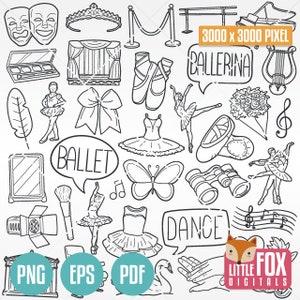 BALLET, Ballerina Doodle vector icons. Ballet Clipart Scrapbook Set Hand Drawn Line Art. Ballet Girl Design Set Artwork Clip Art Coloring.
