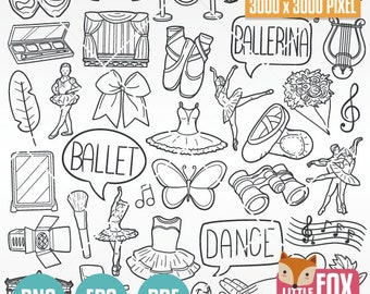 BALLET, Ballerina Doodle vector icons. Ballet Clipart Scrapbook Set Hand Drawn Line Art. Ballet Girl Design Set Artwork Clip Art Coloring.