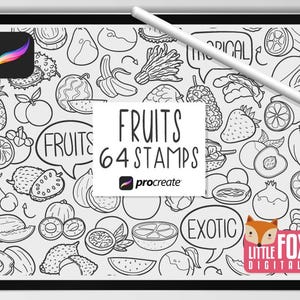 FRUITS, brosses à procréer, icônes d'aliments sains, gribouillis de lots de légumes. Veggie Nutrition, planificateur d'autocollants numériques à colorier.
