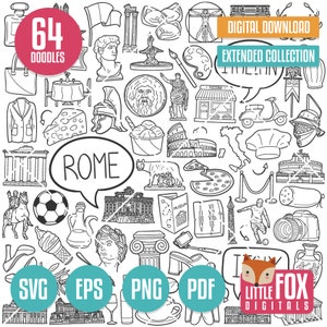 ROME, SVG-krabbel vectorpictogrammen. Italiaanse doodle pictogrammen clipart. Italië illustratie hand Drawin Line Art Scribble Design Vector, SVG-bestand knippen.