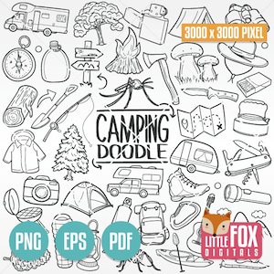 AVENTURE DE CAMPING, icônes vectorielles de doodle. Nature montagne jour forêt famille amis vacances Doodle icônes Clipart. Jeu d'illustrations pour colorier des croquis