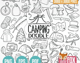 Iconos vectoriales estilo doodle de aventura de campamento, imágenes prediseñadas (PNG, EPS, PDF)