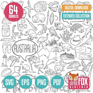 AUSTRALIEN SVG Doodle Vektor-Icons Clip Art. Australische Inseln Doodle Icons Clipart. Neuseeland handgezeichnete Linie. Design Malvorlagen.