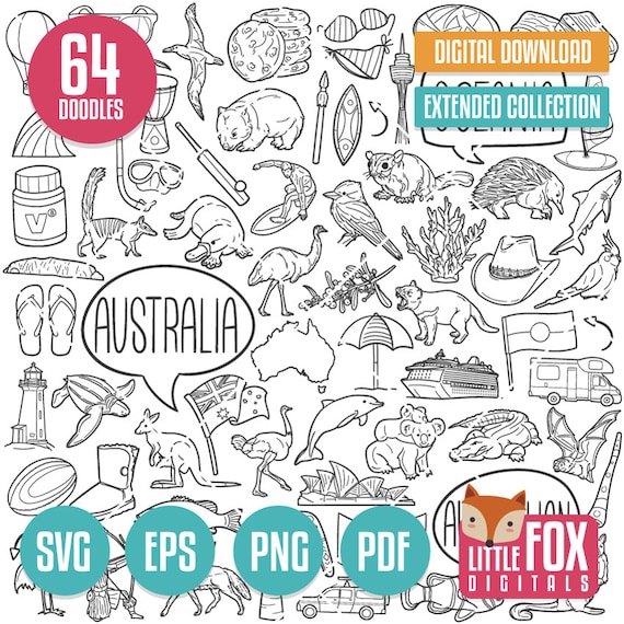 AUSTRALIA SVG doodle vector icons Clip Art. Australian Islands Doodle Icons Clipart. New Zealand Hand Drawn Line. Design Coloring Sketch.