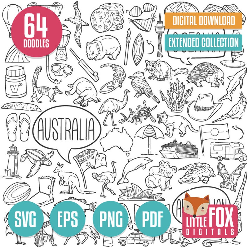AUSTRALIA SVG doodle vector icons Clip Art. Australian Islands Doodle Icons Clipart. New Zealand Hand Drawn Line. Design Coloring Sketch. image 1