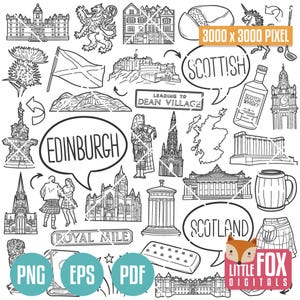 EDINBURGH, Scotland DOODLE Ikonen. Reisen Schottland-Tourismus. Kultur und Symbole . Gebäude Clipart Scrapbook. Set Hand gezeichnete Linie Kunst.