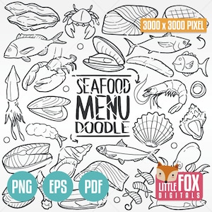 SEA FOOD, Icons vector doodle. Fish Food Doodle Icons Clipart Scrapbook Set. Hand Drawn Line Art. Animals Ocean Artwork Clip Art Coloring.