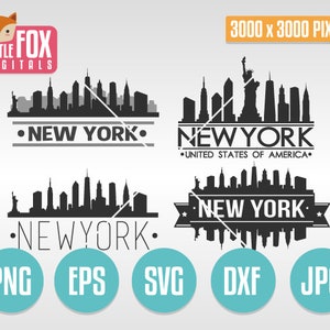 SVG NEW YORK Usa. Super Pack. Skyline di New York Dxf. Silhouette della città Clipart. Set di icone tagliabili di New York. Illustrazione Scrapbook Cut Vector.