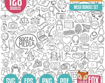 MEGA BUNDLE Social Media svg Doodle Vektor-Icons. Illustration Clipart, Sammlungs-Set Hand gezeichnet Linie Kunst, Design Clip Art Färbung Skizze.