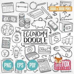 ECONOMIA, icone vettoriali doodle. Finanze soldi tradizionali Doodle icone clipart. Impostare il disegno della linea artistica disegnata a mano. Impostare la colorazione delle illustrazioni di clip art.