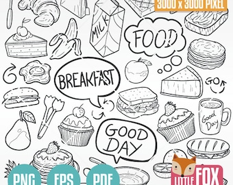 FRÜHSTÜCK, Gekritzelvektorikonen. Mittagessen Fast Food Produkteinführung Kochen Clipart-Set Kunstwerk.