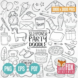 SLEEPOVER, Gekritzelvektorikonen. Pyjama Party Girls Night Doodle Icons Clipart Sammelalbum. Set Handgezeichnete Linie Kunst Design Clip Art Färbung.