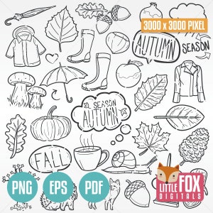 AUTOMNE, icônes vectorielles de doodle. Icônes de dessin animé de griffonnage d'art de concept de saison d'automne. Ensemble de cliparts Scrapbooking, croquis à colorier PNG dessinés à la main.