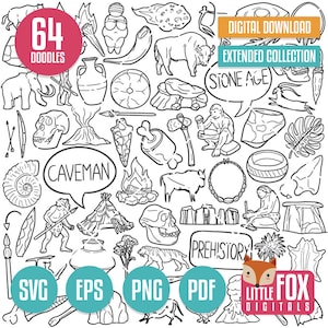 EDAD DE PIEDRA SVG, iconos vectoriales de doodle de la era prehistórica Clip Art. Iconos de doodle de historia Clipart. Línea dibujada a mano de cavernícola. Diseño para colorear Boceto.