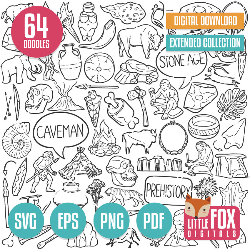 STONE AGE SVG, Prehistoric Ages doodle vector icons Clip Art. History Doodle Icons Clipart. Caveman Hand Drawn Line. Design Coloring Sketch.