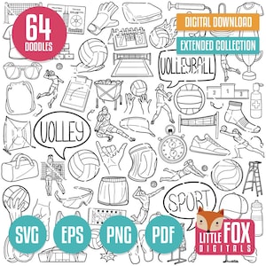 VOLEIBOL SVG, iconos vectoriales de deporte Doodle. Conjunto de álbum de recortes de iconos Doodle, arte lineal dibujado a mano. Diseño, conjunto de ilustraciones para colorear.