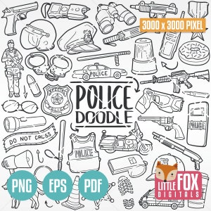 Puede incluir: Una ilustraci&oacute;n de garabatos en blanco y negro de art&iacute;culos relacionados con la polic&iacute;a, que incluye un coche de polic&iacute;a, esposas, un polic&iacute;a, una pistola, una linterna, una placa, un silbato, un cono de tr&aacute;fico, un chaleco antibalas, una motocicleta y un perro polic&iacute;a. El texto "POLICE DOODLE" est&aacute; escrito en letras grandes en el centro de la imagen.