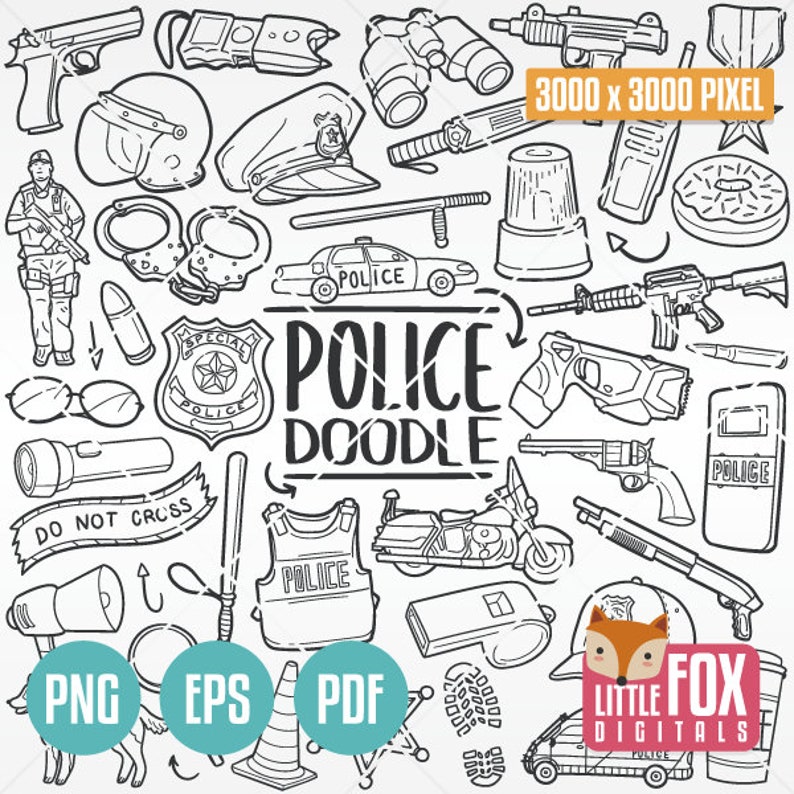 Puede incluir: Una ilustraci&oacute;n de garabatos en blanco y negro de art&iacute;culos relacionados con la polic&iacute;a, que incluye un coche de polic&iacute;a, esposas, un polic&iacute;a, una pistola, una linterna, una placa, un silbato, un cono de tr&aacute;fico, un chaleco antibalas, una motocicleta y un perro polic&iacute;a. El texto "POLICE DOODLE" est&aacute; escrito en letras grandes en el centro de la imagen.