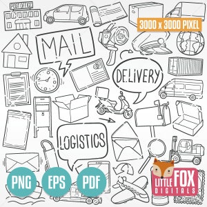 LOGISTICA, icone vettoriali doodle. Posta, Ufficio Postale, Postino, Consegna, Clipart, Album. Set di affrancatura, Colorazione, Disegno a mano, Schizzo, Linea, Design.