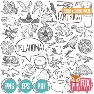 Símbolos do Estado de Oklahoma. Clipart do estado americano. OK Ícones Tradicionais Doodle. Conjunto de álbum de recortes. Linha desenhada à mão dos EUA. Arte do conjunto de design.