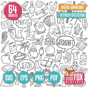 WITCHCRAFT SVG doodle vector icons Clip Art. Witch Doodle Icons Clipart. Magic Hand Drawn Line. Fantasy Wizard Design Coloring Sketch.
