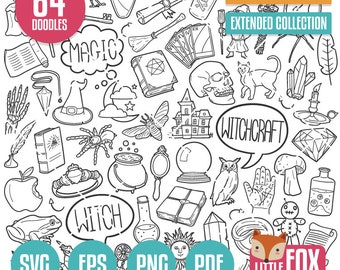WITCHCRAFT SVG doodle vector icons Clip Art. Witch Doodle Icons Clipart. Magic Hand Drawn Line. Fantasy Wizard Design Coloring Sketch.