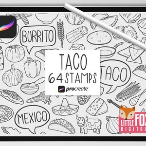 TACO STEMPEL, Procreate Pinsel, mexikanische Food Icons, Burrito Tortilla Bundle Doodles. Mexiko Digital Sticker Planner Scrapbook Set Ausmalen.