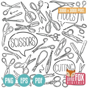 May include: A black and white illustration of various types of scissors and cutting tools. The image includes the text "Scissors", "Tools", "Cutting", and "Little Fox Digitals".
