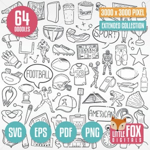 FÚTBOL AMERICANO SVG, iconos vectoriales de deporte Doodle. Conjunto de álbum de recortes de imágenes prediseñadas de iconos Doodle, arte lineal dibujado a mano. Diseño, conjunto de ilustraciones para colorear.