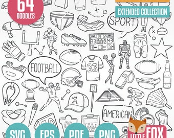 AMERICAN FOOTBALL SVG, Sport Doodle vector icons. Doodle Icons Clipart Scrapbook Set Hand Drawn Line Art. Design Set Artwork Coloring.