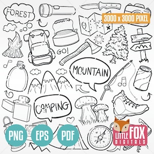 Montagne, icônes vectorielles de doodle. Jour forêt famille amis vacances Doodle icônes Clipart. Ensemble d'illustrations à colorier, croquis de gribouillis dessinés à la main.