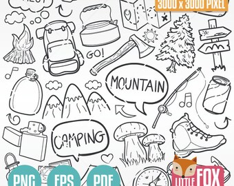 Iconos vectoriales de montaña estilo doodle, imágenes prediseñadas de camping (PNG EPS PDF)