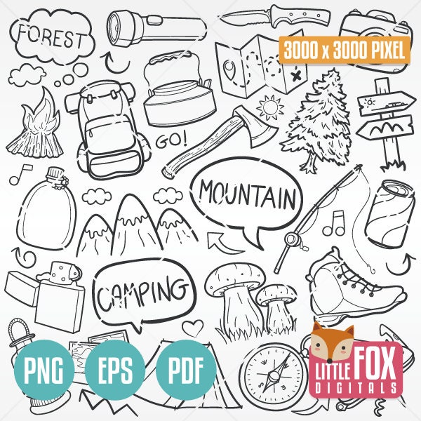 BERG, Doodle Vektor Icons. Tag Wald Familie Freunde Feiertage Doodle Icons Clipart. Set Artwork Coloring Handgezeichnete Scribble Skizze.