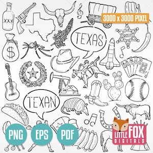 TEXAS, Doodle Icons. United States of America State. Doodle Icons Clipart Scrapbook. The Lone Star Set Coloring Line Art Design Collection.